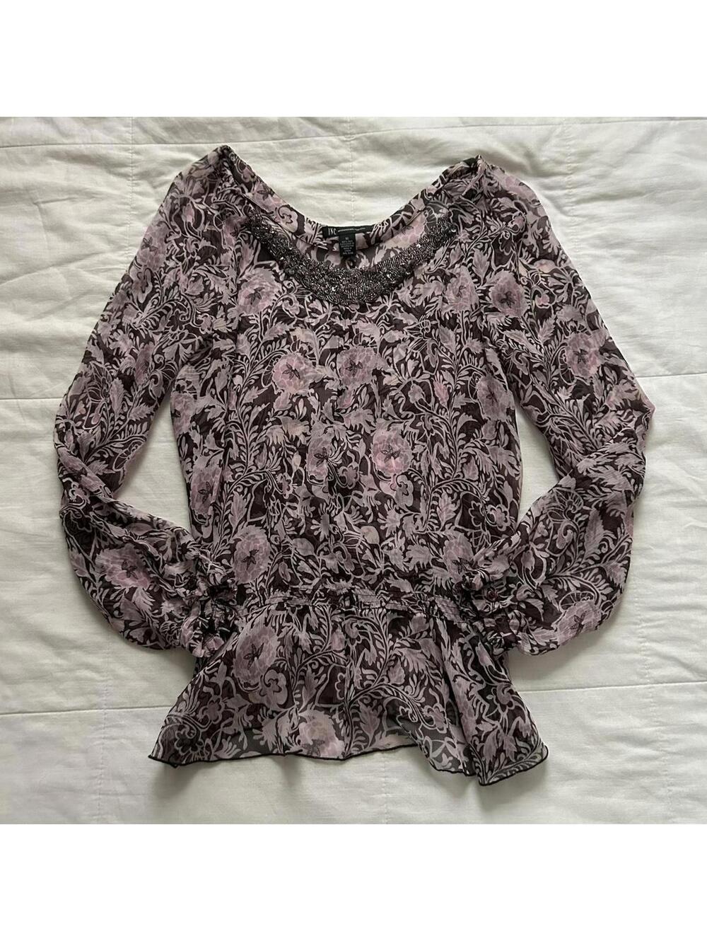 INC Brown Pink Floral Sheer Silk Beaded Blouse Size 10